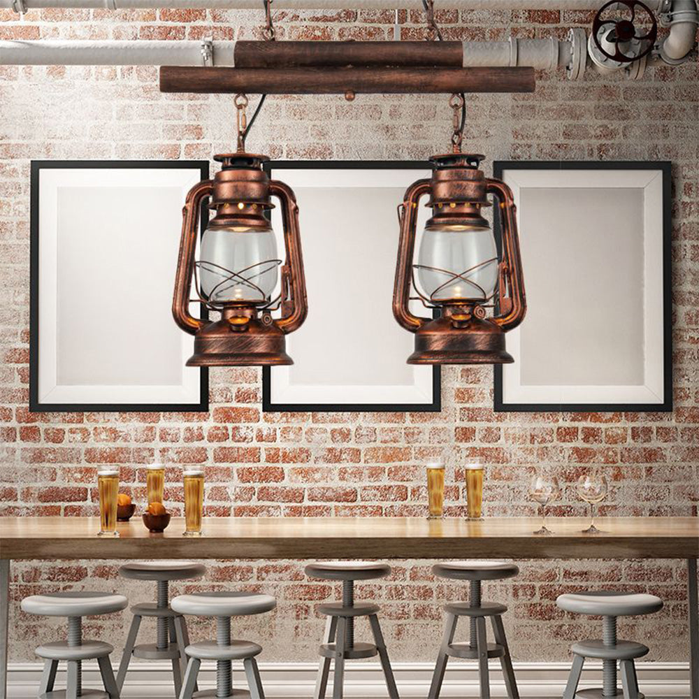 Alessio Rustic Vintage Lantern Pendant Light, Metal & Glass, 2 Heads