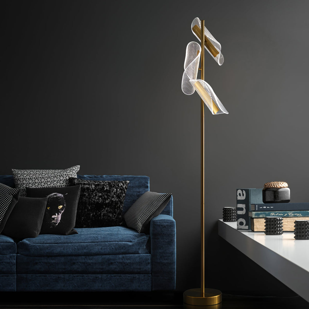 Salgado Floor Lamp Waves/3 Heads Modern, Acrylic, Gold/White, Living Room