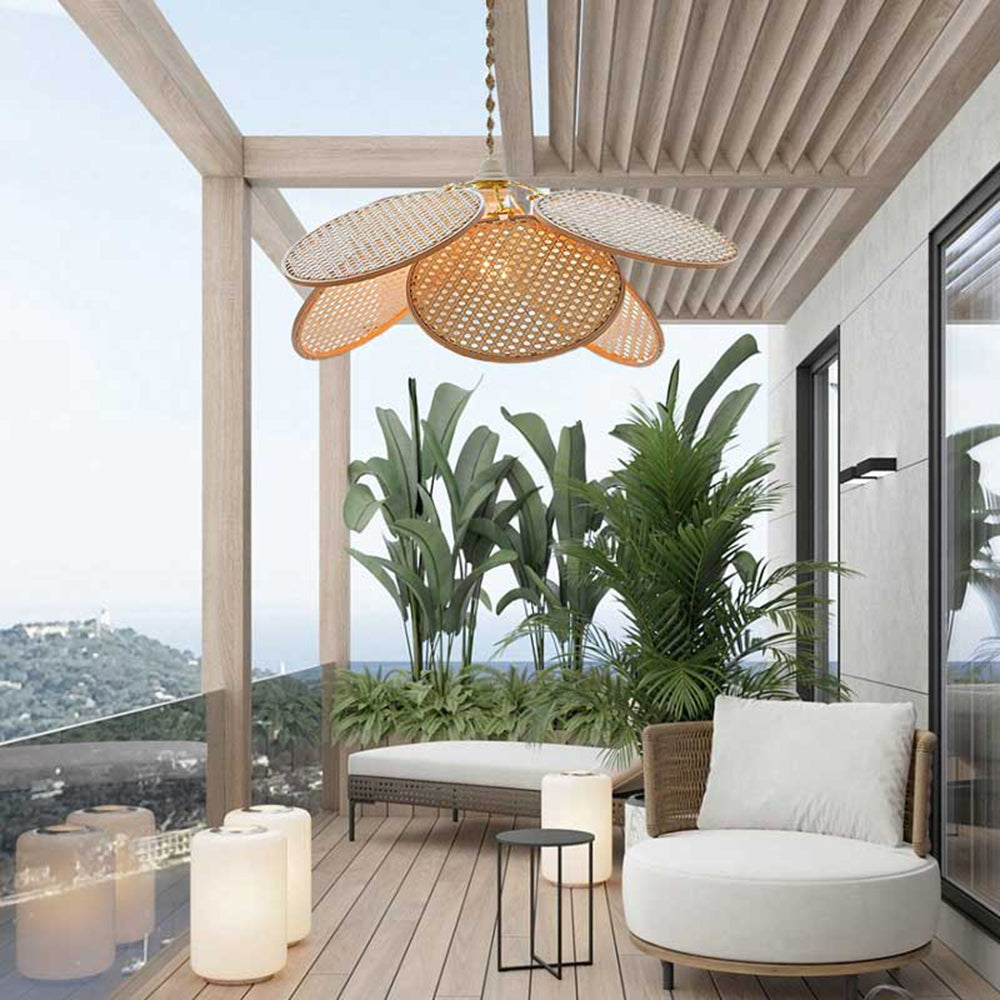 Ritta French Country Rattan Weave Creative Fan Pendant Light, Wooden