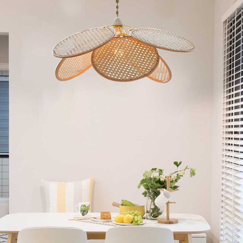 Ritta French Country Rattan Weave Creative Fan Pendant Light, Wooden