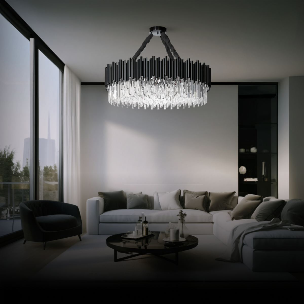 Marilyn Industrial Cylindrical Glass/Metal Chandelier Black Living Room