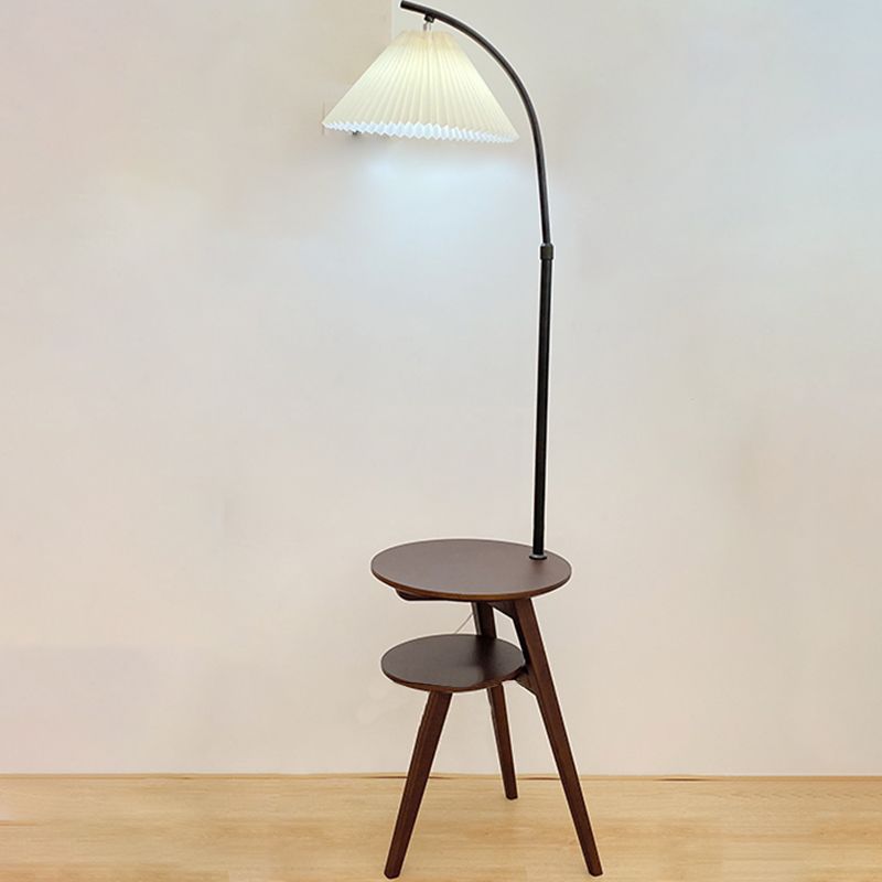 Ozawa Retro Pleated Metal & Wood Floor Lamp /w Bedside Table