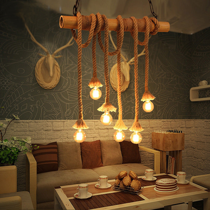 Alessio Vintage Wood/Rope Pendant Light, Farmhouse, Living Room