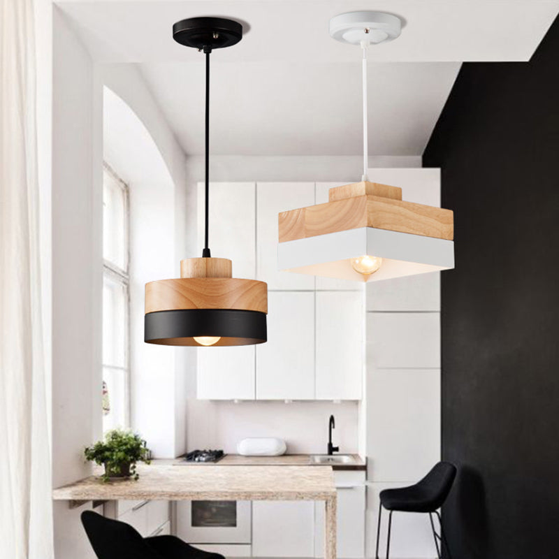 Morandi Modern Square Round Pendant Light Black White Metal Wood Living Room