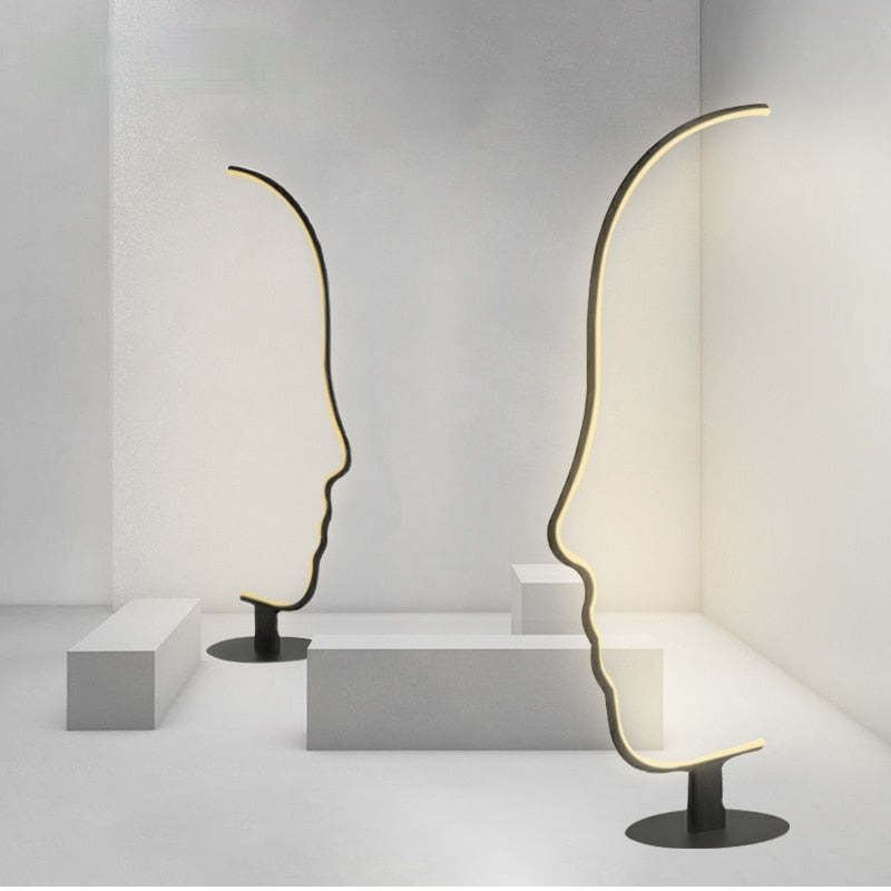 Edge Human Face Profile Modern Arc Floor Lamp, Black, Metal/Silicon