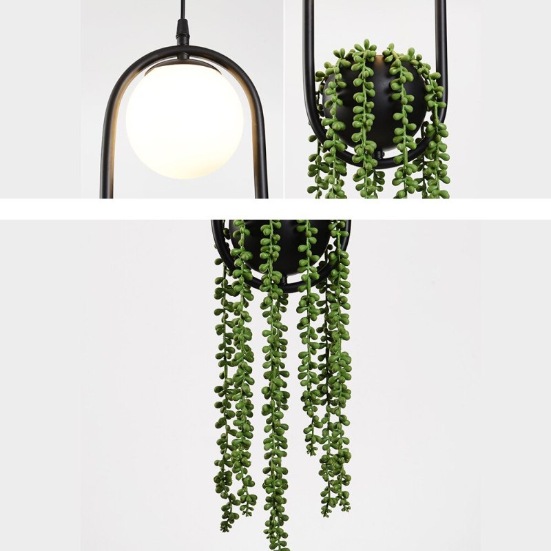 Natural Plant Pot Ball Metal Pendant Light, Black/Green