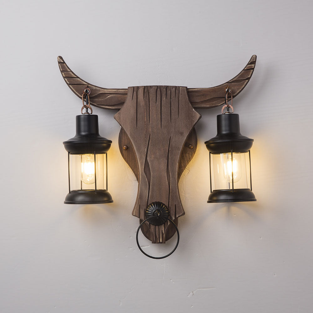 Austin Wall Lamp Bull Shape Vintage, 2 Heads Wood/Metal, Bedroom