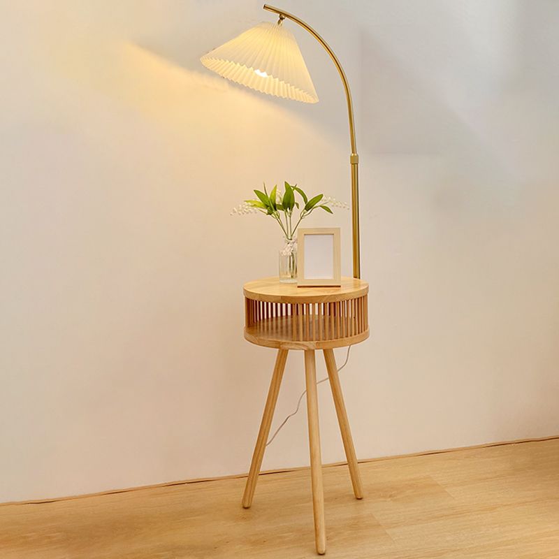 Ozawa Retro Pleated Metal & Wood Floor Lamp /w Bedside Table